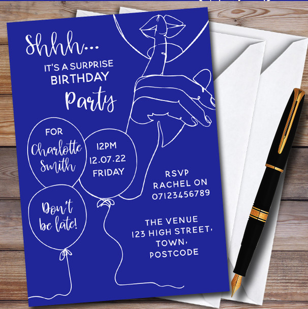 Shhh It's A Surprise Line Art Blue personalized Birthday Party Invitations