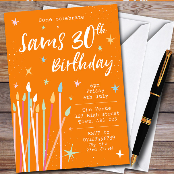 Candles And Stars Celebrate Orange personalized Birthday Party Invitations