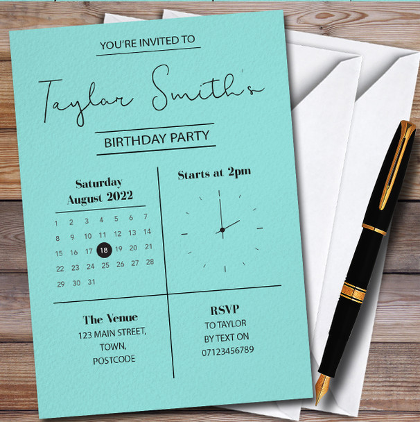 Minimal Clock & Calendar Turquoise personalized Birthday Party Invitations