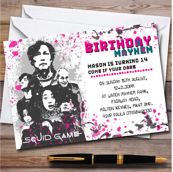 Squid Games Black & White Splatter personalized Birthday Party Invitations