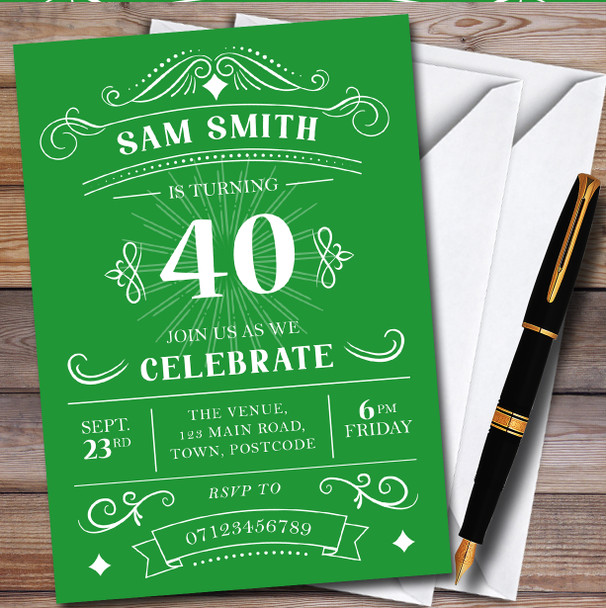 Typographic Vintage Any Age Green personalized Birthday Party Invitations