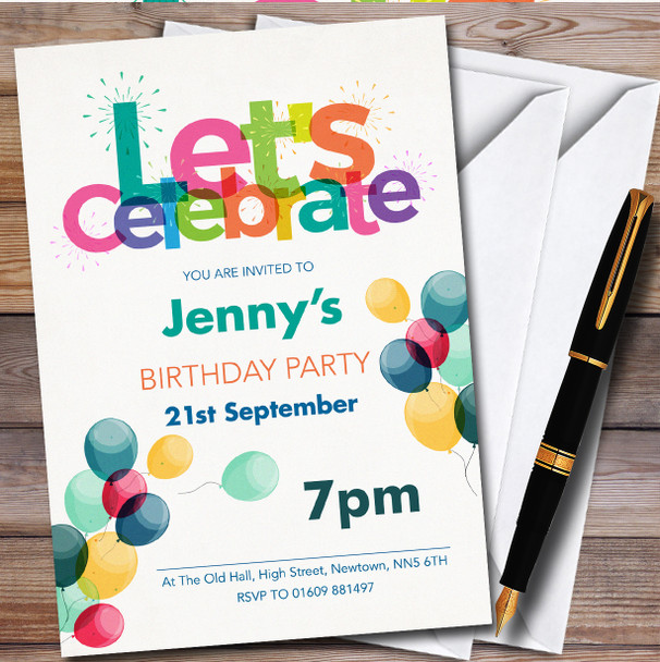 Lets Celebrate colorful Balloons personalized Birthday Party Invitations