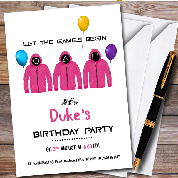 Squid Game Balloons Pink Jackets personalized Birthday Party Invitations
