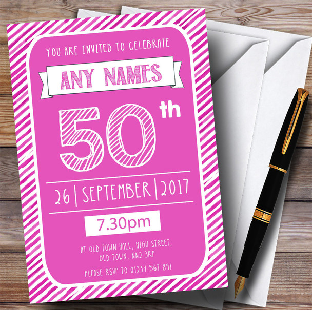 Pink & White Stripy Deco 50th Personalized Birthday Party Invitations