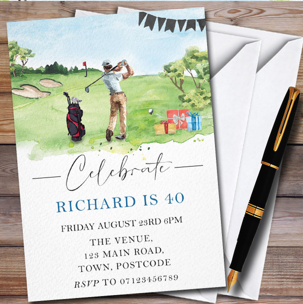 Watercolor Golfing Golf Course personalized Birthday Party Invitations