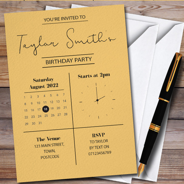 Minimal Clock & Calendar Orange personalized Birthday Party Invitations