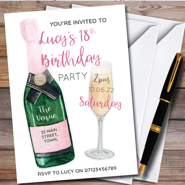 Pink Champagne Bottle And Glass personalized Birthday Party Invitations