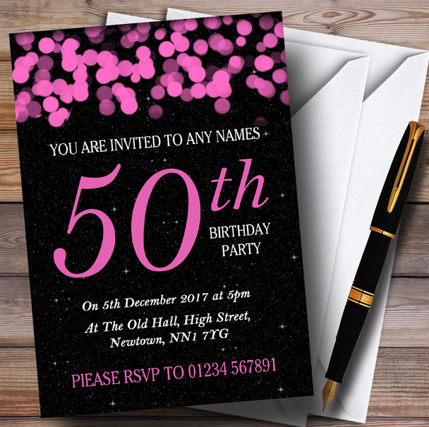 Pink Bokeh & Stars 50th Personalized Birthday Party Invitations
