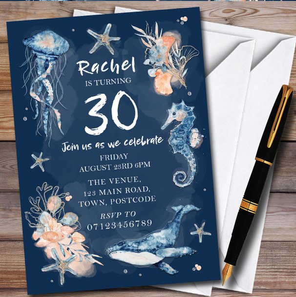 Under The Sea Blue Coral Peach Watercolor Birthday Party Invitations