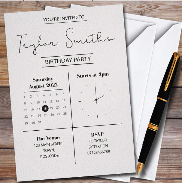 Minimal Clock & Calendar Grey personalized Birthday Party Invitations