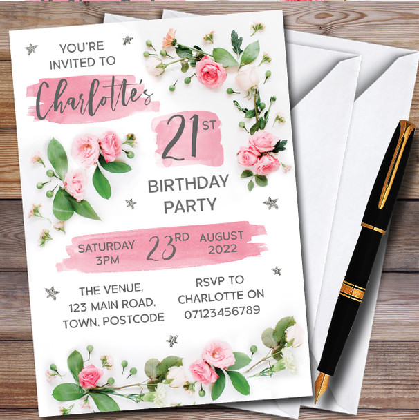 Pink Floral And Paint Strokes personalized Birthday Party Invitations