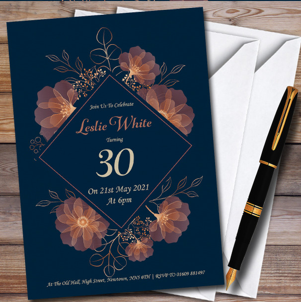 Copper Navy Blue Blush Floral personalized Birthday Party Invitations