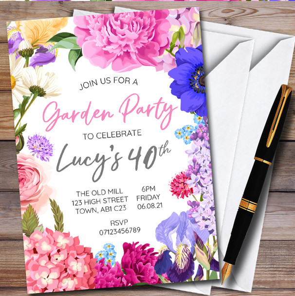 Floral Bright Garden Border personalized Birthday Party Invitations