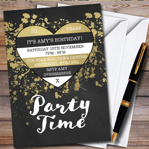 Gold Stripe Heart Splatter personalized Birthday Party Invitations