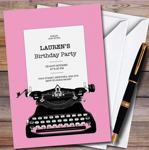 Black And Pink Typewriter personalized Birthday Party Invitations