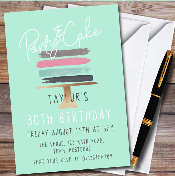 Modern Simple Green Cake personalized Birthday Party Invitations