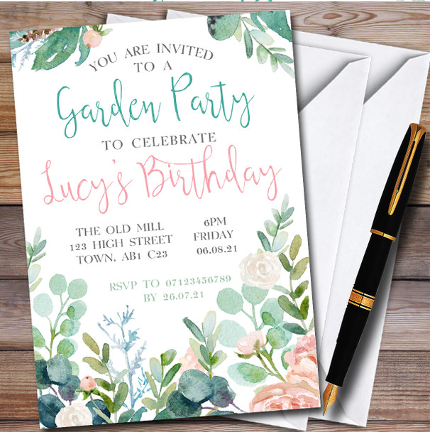 Floral Painted Garden personalized Birthday Party Invitations