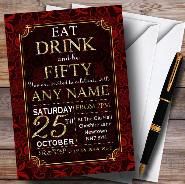 Red & Gold Flowers 50th Personalized Birthday Party Invitations Red & Gold Flowers 50th Personalized Birthday Party Invitations
