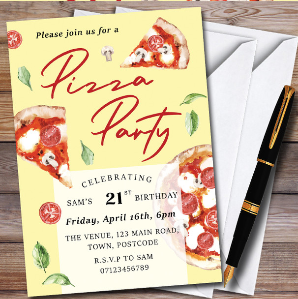Pizza Party Yellow personalized Birthday Party Invitations