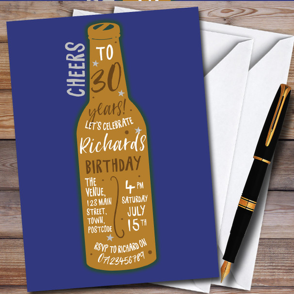 Beer Bottle Blue personalized Birthday Party Invitations