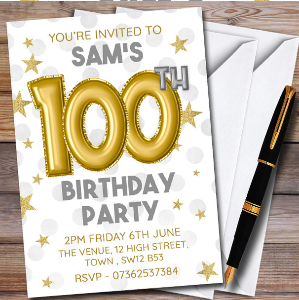 Gold Balloons & Stars 100Th personalized Birthday Party Invitations