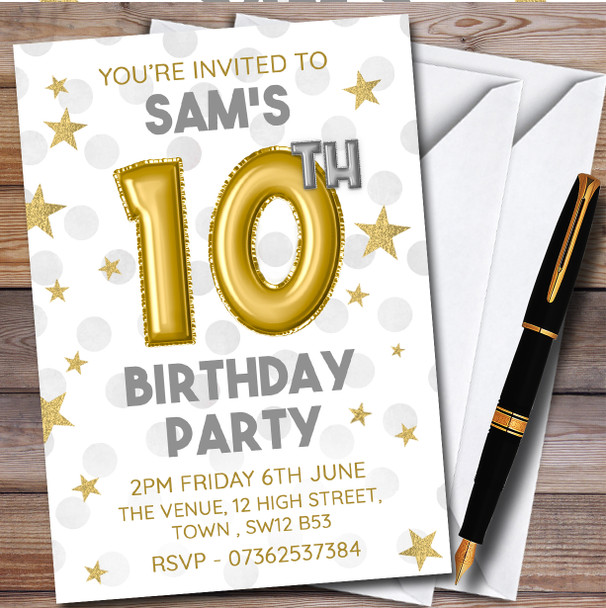 Gold Balloons & Stars 10th personalized Birthday Party Invitations