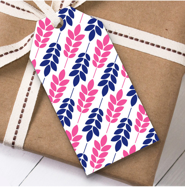 Bright Pink And Navy Leaves Diagonal Repeat Birthday Present Favor Gift Tags
