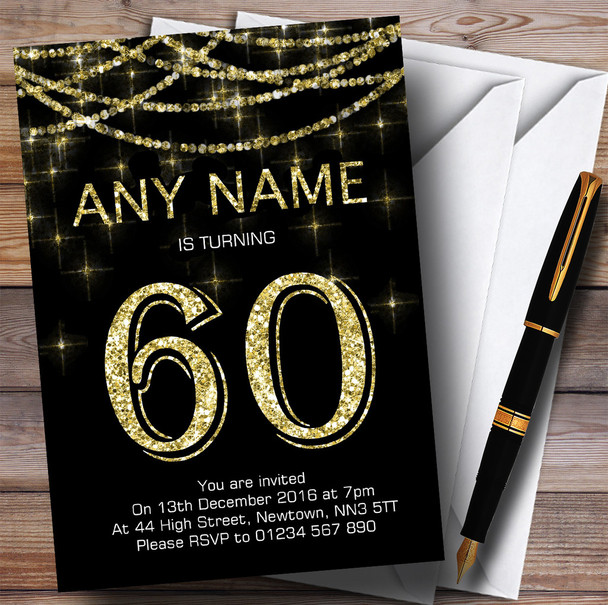 Black & Gold Sparkly Garland 60th Personalized Birthday Party Invitations