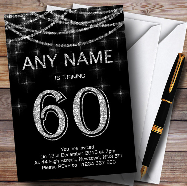 Black & Silver Sparkly Garland 60th Personalized Birthday Party Invitations