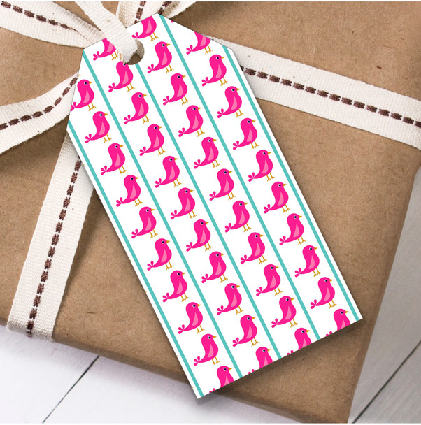 Pink Multiple Birds Light Blue Stripes Birthday Present Favor Gift Tags