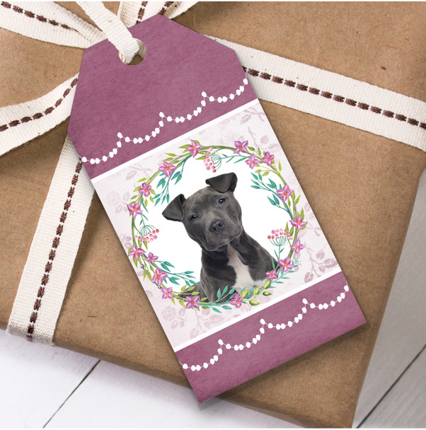 Staffordshire Terrier Dog Pink Floral Birthday Present Favor Gift Tags