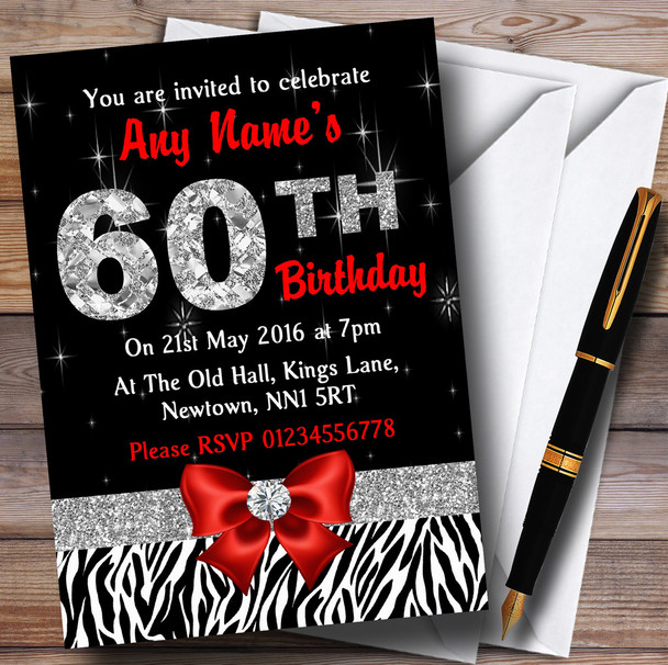 Red Diamond And Zebra Print 60Th Birthday Party Personalized Invitations