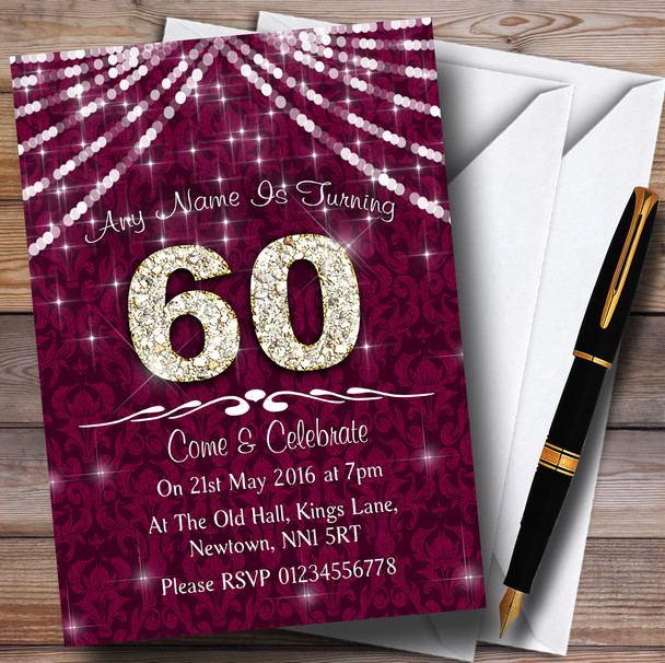 60Th Cranberry & White Bling Sparkle Birthday Party Personalized Invitations