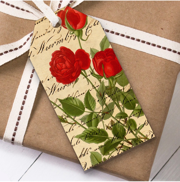 Vintage Script Red Flower Birthday Present Favor Gift Tags