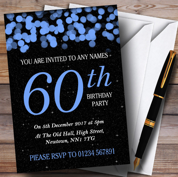 Blue Bokeh & Stars 60th Personalized Birthday Party Invitations