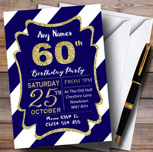 Blue White Diagonal Stripes Gold 60th Personalized Birthday Party Invitations