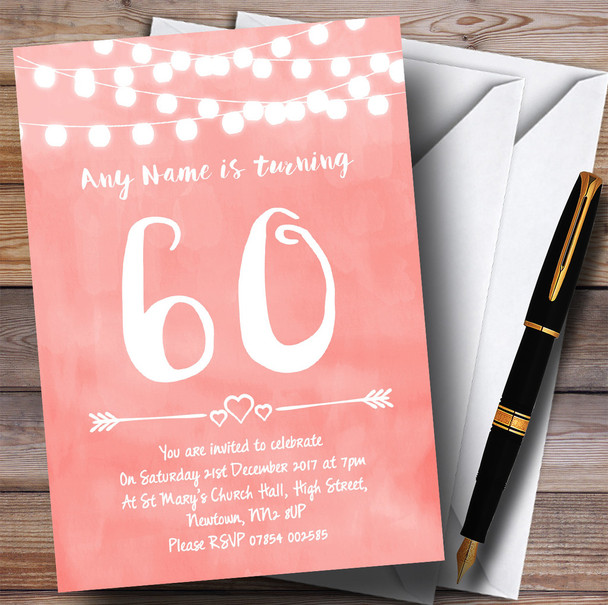 Coral Pink Lights 60th Personalized Birthday Party Invitations