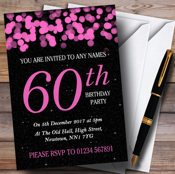 Pink Bokeh & Stars 60th Personalized Birthday Party Invitations