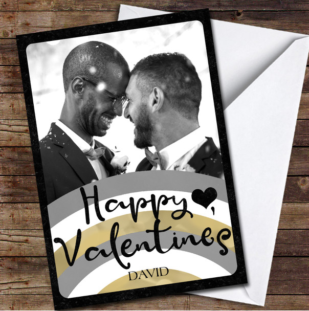 Your Photo Rainbow Black White Gold Pride Personalized Valentine's Day Card