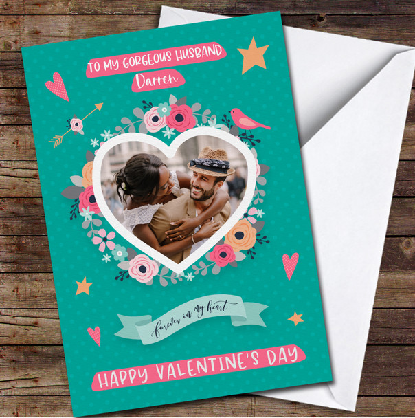 Your Photo With Stickers Green Background Personalized Valentine's Day Card