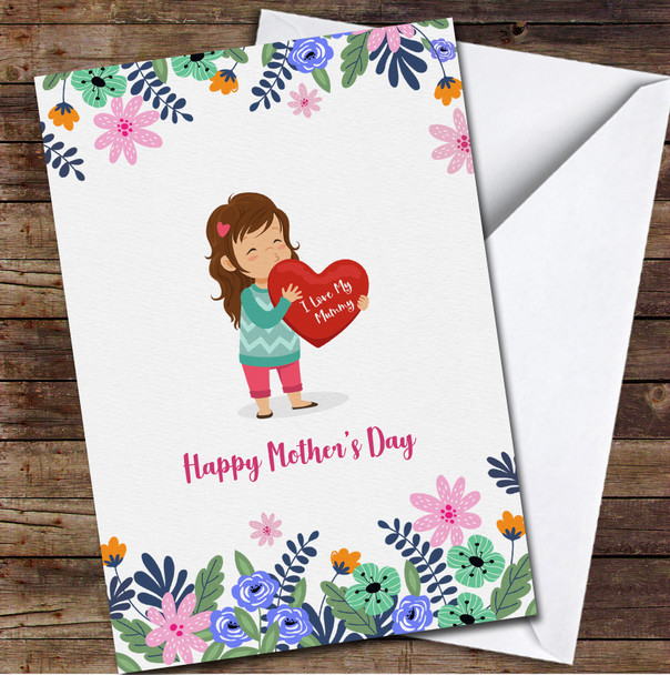 Dark Brown Hair Girl With Red Hearts In Hands Personalized Mother's Day Card