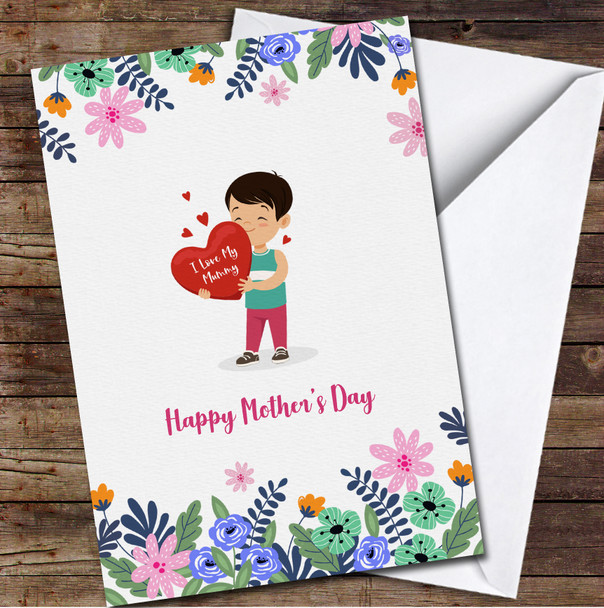 Black Hair Boy With Red Hearts In Hands Personalized Mother's Day Card