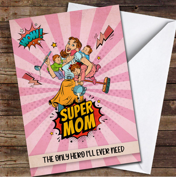 Cartoon Super Mom With Three Children Personalized Mother's Day Card