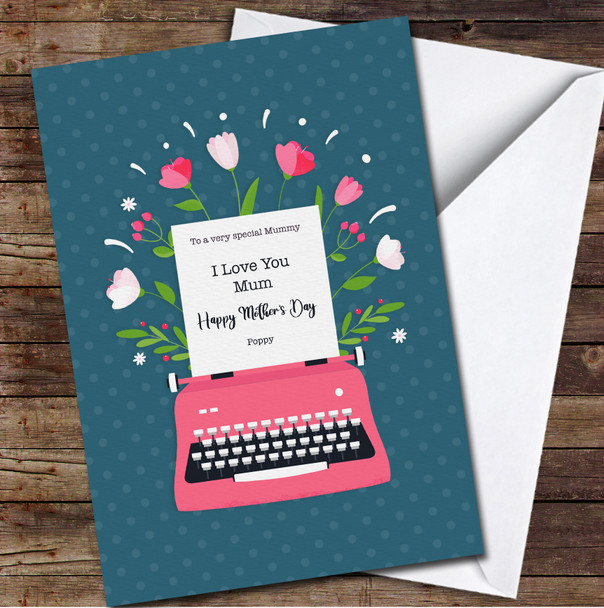 Pink Vintage Typewriter With Flowers Personalized Mother's Day Card
