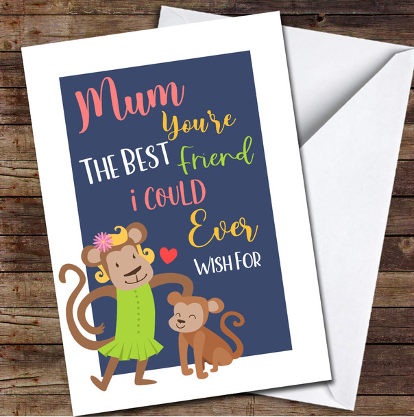 Monkey Mum With Baby Blue Personalized Mother's Day Card