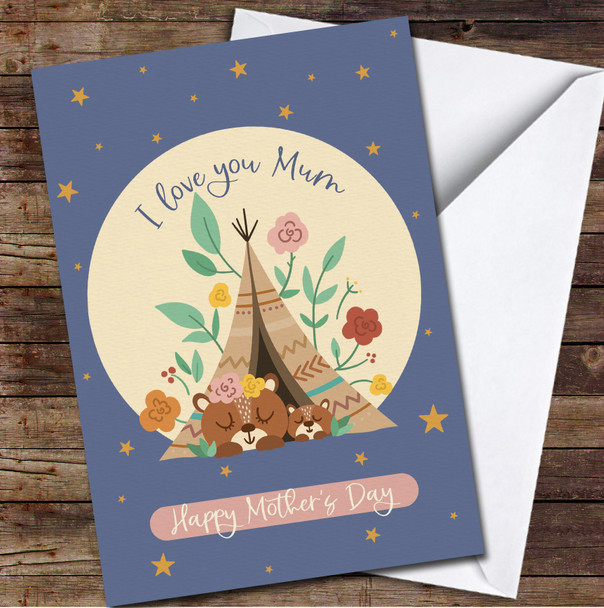 Bear Mum With Baby Blue Personalized Mother's Day Card