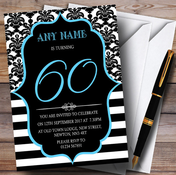 Vintage Damask Blue 60th Personalized Birthday Party Invitations