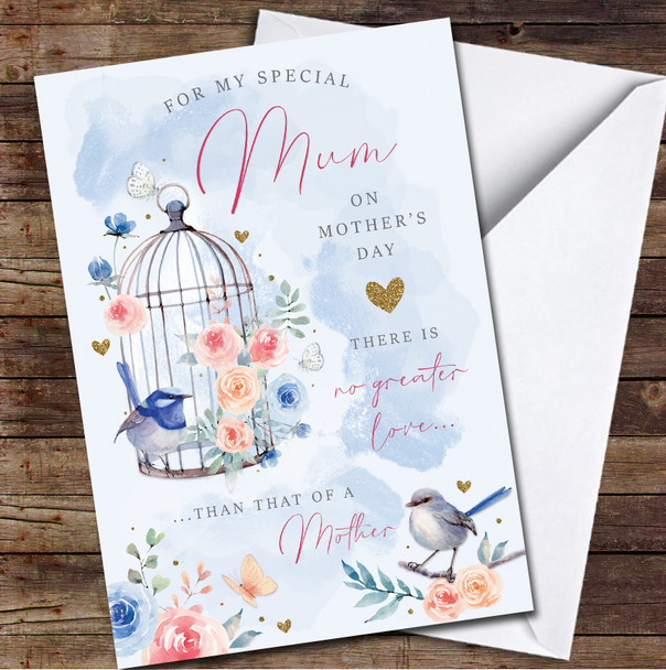 Birdcage Blue Pretty Flowers Mum Personalized Mother's Day Card