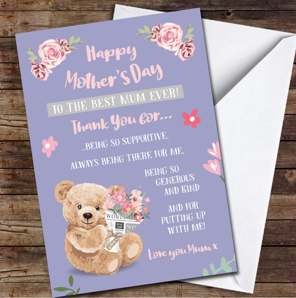Purple Teddy Bear Thank You For Personalized Mother's Day Card