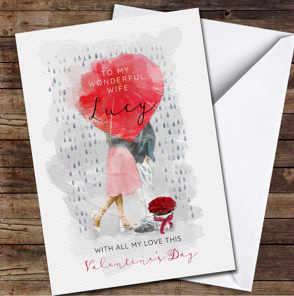 Wife Romantic Watercolor Kissing In The Rain Umbrella Valentine's Day Card